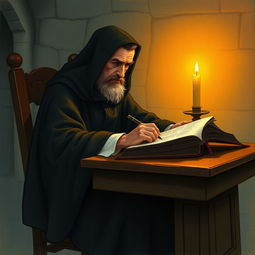 A scholar writing at a desk by candlelight, representing the scribe whose work was made obsolete by the printing press