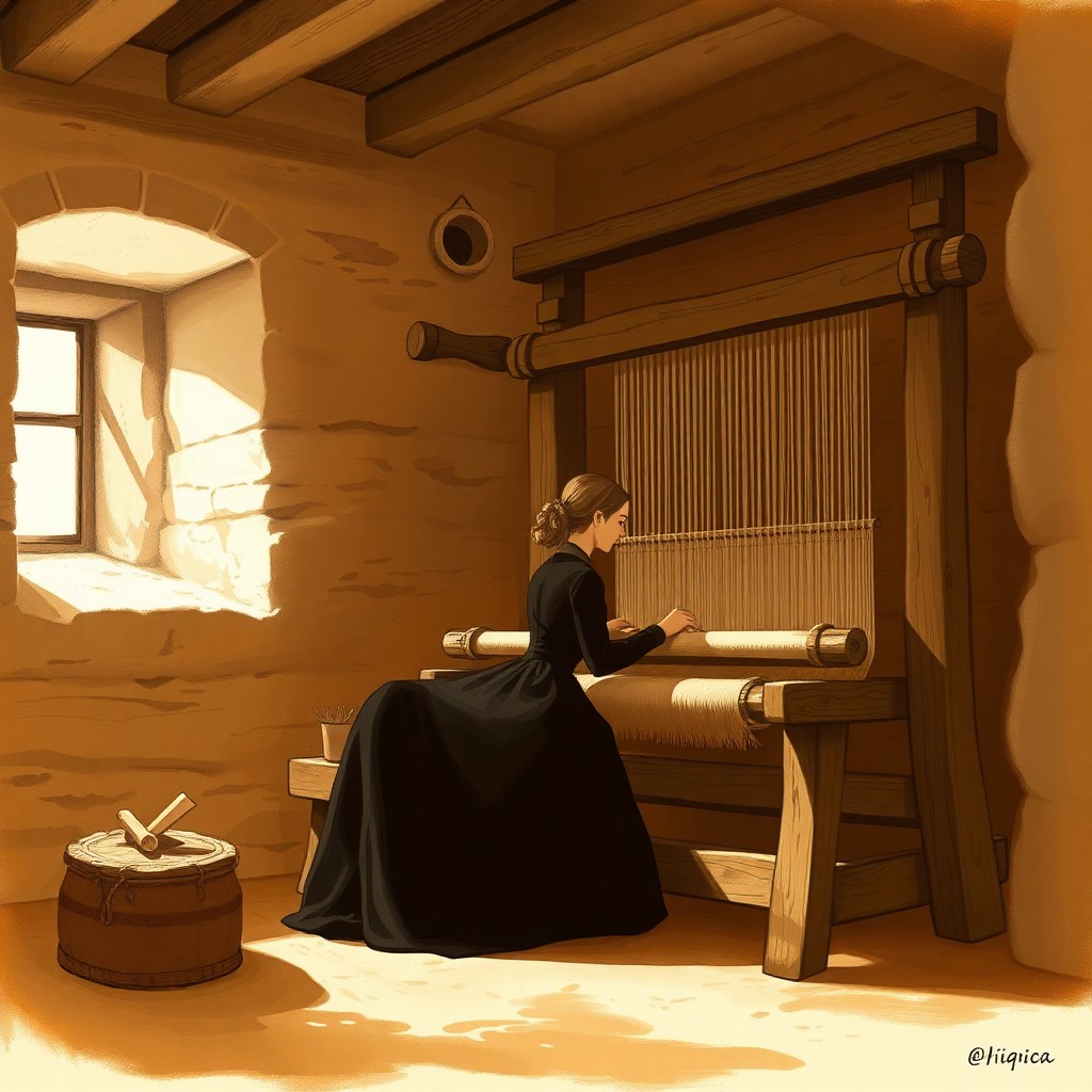 A weaver at a traditional wooden loom in a sunlit cottage, representing the handloom workers displaced by the Industrial Revolution