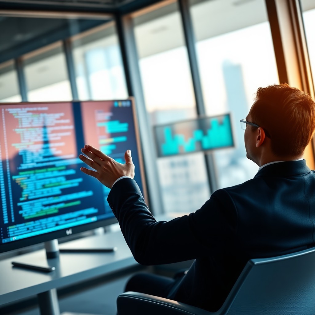 A professional at a computer screen showing code and data visualizations, representing AI as a meta-skill that amplifies human judgment