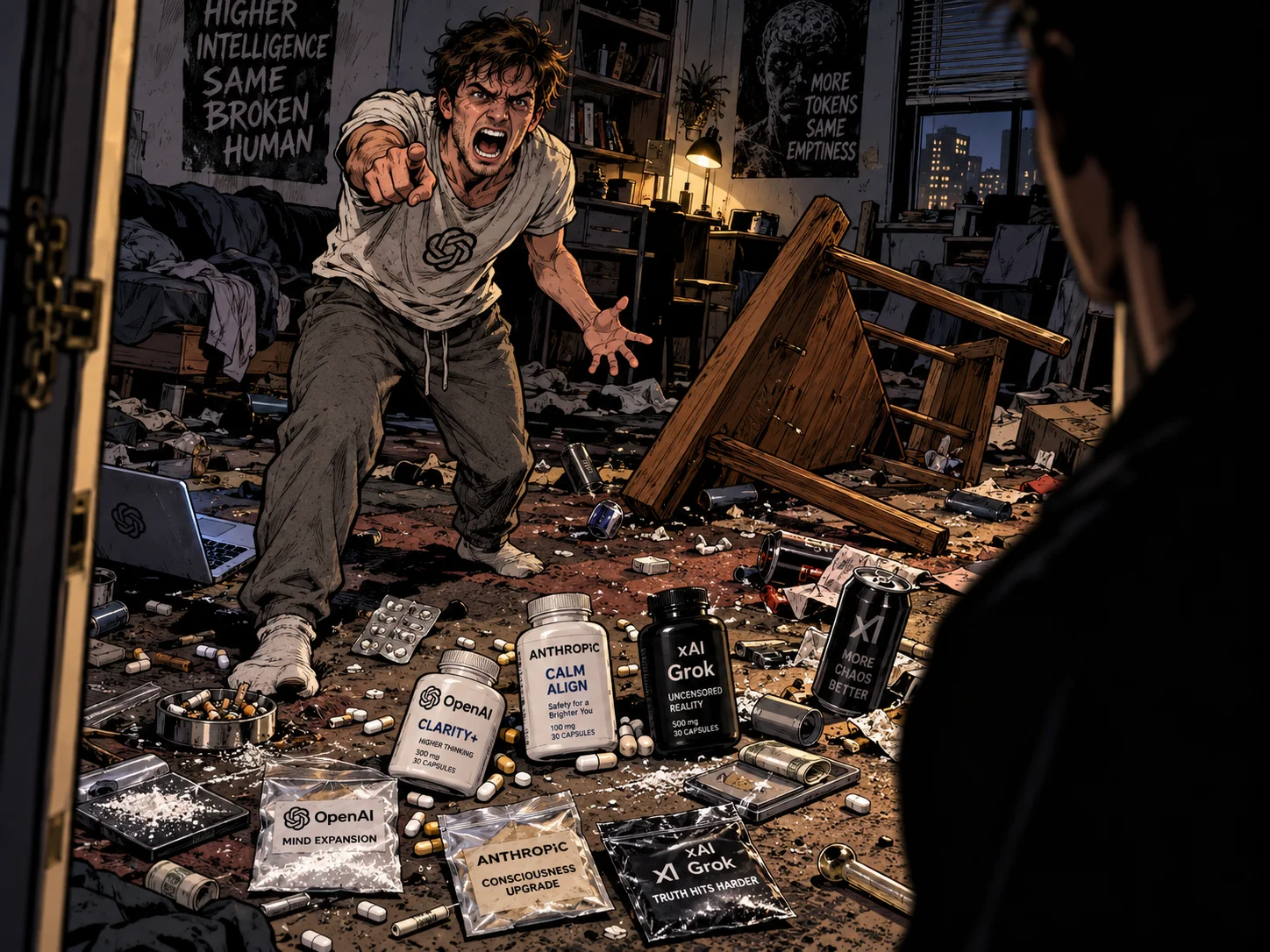 An angry man in a wrecked room surrounded by AI-branded supplement bottles labeled AI Clarity, Consciousness Upgrade and Mind Expansion