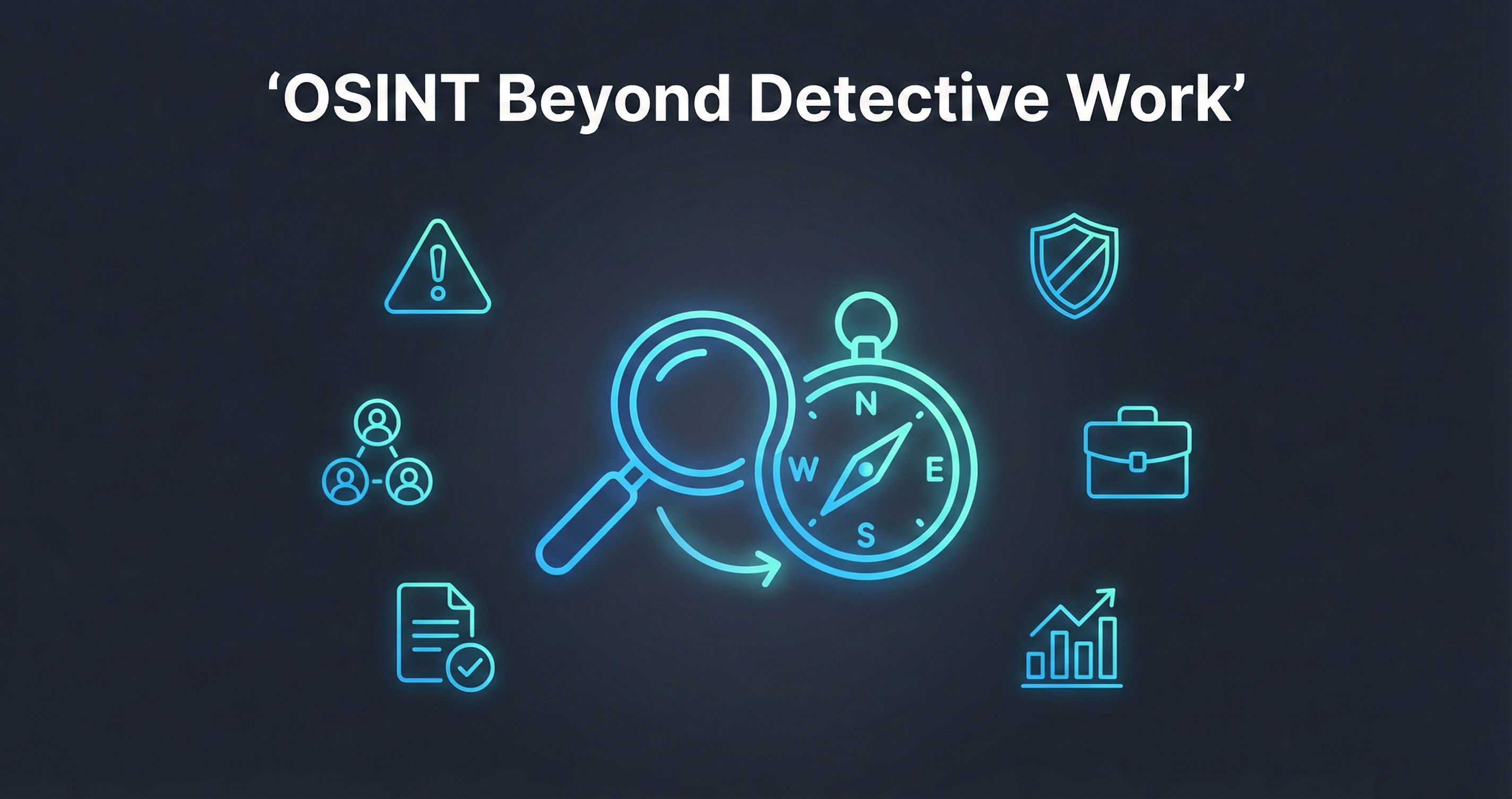 Magnifying glass transforming into a compass, surrounded by OSINT outcome icons